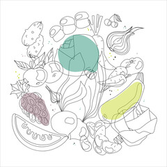 Organic healthy food with fruits and vegetables doodles illustration