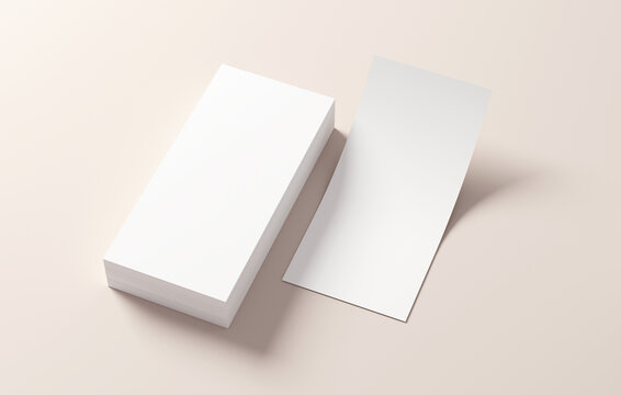 Stack Of DL Flyers Mockup Blank Paper For Design Presentation. White Empty Leaflet Template Isolated On A Background In 3D Illustration. Stationery Concept