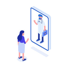 Online medical consultation. Woman makes a video call to a doctor for medical advice. Vector illustration..