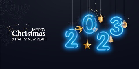 Horizontal neon Christmas New Year banner 2023. Realistic Christmas tree toys hanging down. Golden ball, bird, cone, star Christmas poster, holiday banner, Flyer, Stylish brochure, greeting card