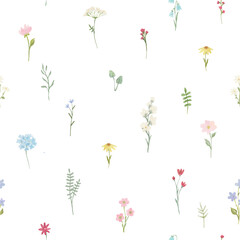 Beautiful seamless floral pattern with watercolor gentle spring flowers. Stock illustration.