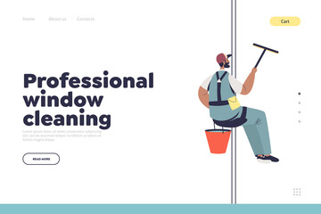 Professional window cleaning concept of landing page with washer in uniform hang on steeplejack