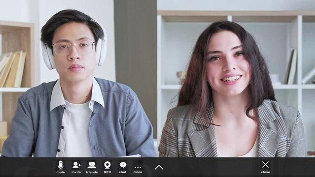 Video chat. Virtual meeting. Remote interview. Online communication. Screenshot of cheerful diverse friends distance casual conversation. - Powered by Adobe