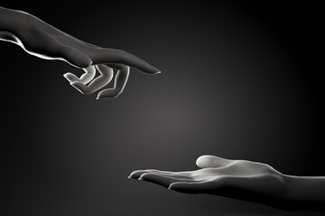 Two marble hands over black background reaching one another. Concept of support, care, love, protection and connection between people. 3D rendering.