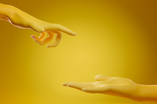 Two yellow hands reaching one another over yellow background. Concept of support, care, love, protection and connection between people. 3D rendering