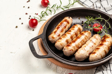 Delicious sausages grilled, Ketogenic diet. Healthy fats, clean eating for weight loss. Keto paleo diet menu. top view