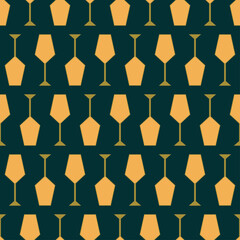 Art deco seamless pattern with glass of wine. Icon alcohol drink in art deco style. Golden cocktail icon in style of the 1920s-1930s. Vintage design for print on fabric, wallpaper.Vector illustration