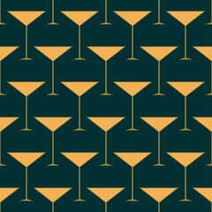Art deco seamless pattern with glass of martini. Icon alcohol drink in art deco style. Golden cocktail in style of the 1920s-1930s. Design for print on wrapping paper, wallpaper. Vector illustration