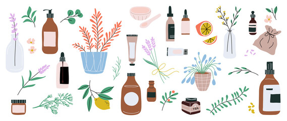 Homeopathy and nature beauty skin vector element. Flower, herbs and skincare packaging  hand drawn doodle design for banner, ads, logo and packaging design.