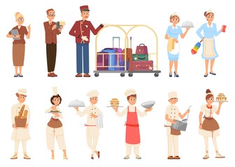 Hotel team. Professional service staff, waiter, hospitality people, kitchen workers. Cartoon cleaner and receptionist, tourism occupations decent vector set - obrazy, fototapety, plakaty