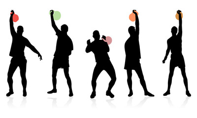 Set outline black silhouette of a weight lifter athlete in a standing position with a kettlebell. Weight lifting.