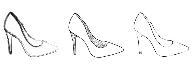 Drawing sketch outline silhouette of fashionable women's shoes. Line style and brush strokes