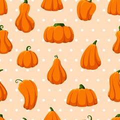 Pumpkin season seamless pattern. Bright pumpkins on polka dot background. Seasonal harvest, fresh vegetables market, cooking print. Agriculture vector texture