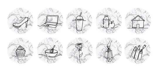 Instagram marble lifestyle highlight icon set. Hand drawn neutral story covers for social media
