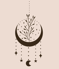 Moon with bush and stars, minimalistic boho style vector art