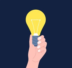 Hand hold lamp. Light bulb in hands, yellow lightbulb banner. Success thinking, new creativiti idea. Business innovation solution recent vector metaphor