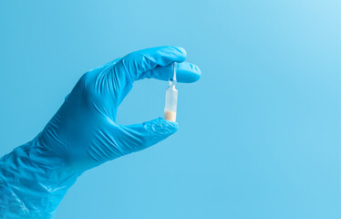 Medical glove. An ampoule with a white liquid in his hand in a blue medical glove. Isolated on a blue background.