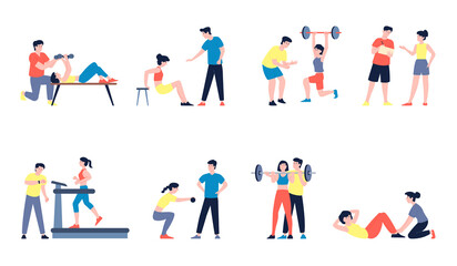 Fitness workout with trainer. Physical exercises with coach, young fit athlete stretching. Gym athletic scenes, healthy sport training recent vector characters