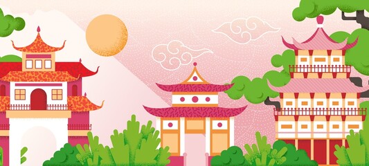 Oriental buildings landscape. China or korea place, asian temple mountain panorama. Japan traditional town, culture ancient swanky house and nature vector background
