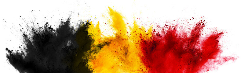 colorful belgian flag black yellow red color holi paint powder explosion isolated white background....