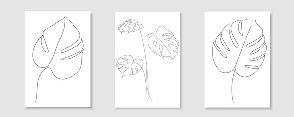 One line set drawing of tropical leaves monstera. Modern, boho single line art. Vector illustration.