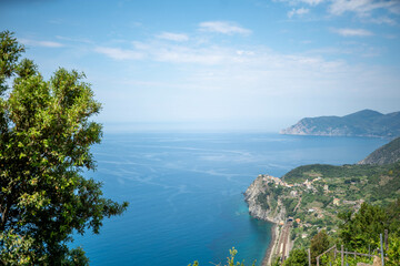 High Angle view of Corniglia in 5 Terre during Summer. Holiday in Italy. Popular Tourist destination in Italy