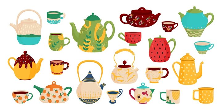 Cups and teapot. Ceramic teapots, cartoon teacups hygge household elements. Cute kettle for cozy kitchen, coffee pot and home crockery classy vector set