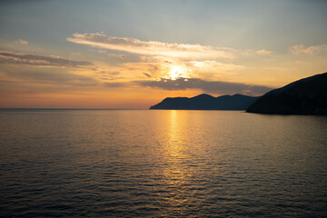 Sunset at the Mediterranean Sea in 5 Terre. Beautiful Sunrise on Mediterranean Sea