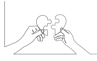Continuous line drawing of cute and sweet love shaped puzzles. Hands carrying puzzles in the shape of love. Great for Valentine's Day greeting cards, love greetings for couples in doodle style.