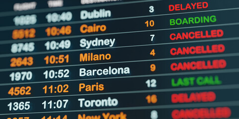 Airport flight time table. Flight departure board with cancelled or delayed flights to Milano, Sydney or Barcelona on the screen. International airport, tourism and travel concept. 3D illustration - obrazy, fototapety, plakaty