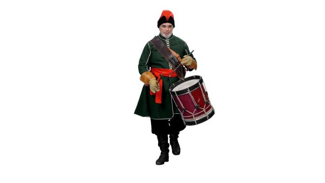 Marching russian drummer soldier from 18th century, Full HD footage with alpha transparency channel isolated on white background