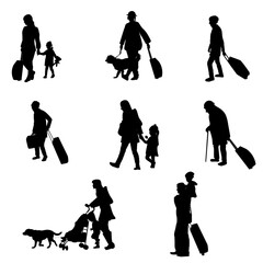 Silhouettes of refugees on white background