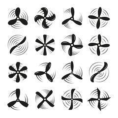 Airplane propellers and motor blades. Flat rotating propeller, cooling fan elements. Motors rotated, plane or electric boat turbine tidy vector icons set - obrazy, fototapety, plakaty