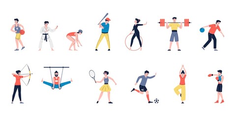 Fototapeta na wymiar Sport people characters. Fun sports man and women, healthy athletics person. Sportsman training and doing exercise, recent athlete vector set