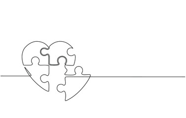 Continuous line drawing of cute and sweet love shaped puzzles. Love shaped puzzle. Great for Valentine's Day greeting cards, love greetings for couples in doodle style.