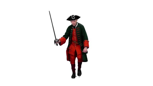 Russian 18th century infantry officer going on attack with smallsword, Full HD footage with alpha transparency channel isolated on white background