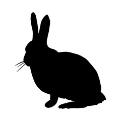 Black silhouette of a hare isolated on a white background. Seated fluffy rabbit. Easter Bunny. Hare vector template, contour drawing, side view. Illustration, animal icon