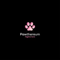Dog and cat foot logo. Footprint pet. Foot puppy isolated on black background. 