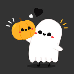 Cute spooky. Happy Halloween background with cute spooky ghosts and scary pumpkin. Holidays cartoon mascot. Lettering calligraphy hand written vector.