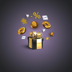 Gift box with golden ribbon and golden elements. 3d vector elements and icons for online store