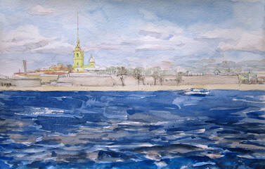 Blue water of a Neva river, Saint Petersburg, watercolor 