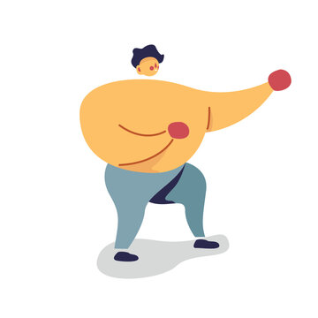 A man doing shadowbox. a fat man is exercising in the gym. A strongman doing kickboxing. Vector illustration.