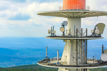 Landscape Panorama view antenna tower of Brocken mountain Harz Germany