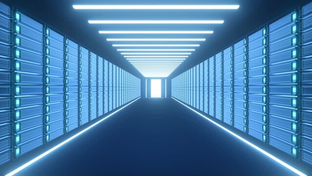 データセンターのブレードサーバーが並んだサーバールームがクラウドアイコンに変化するイメージCG・Cloud Data Server
