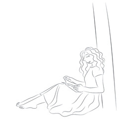 Sketch portrait of an ugly girl with a book in her hands, the girl sits under a tree and reads, isolated on white, flat vector