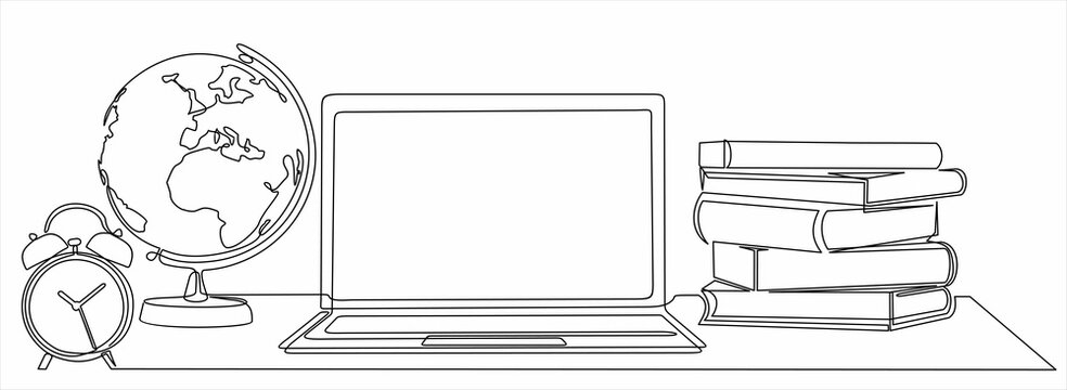 One Continuous Line Drawing Of Computer Laptop, Globe, Books Stack And Alarm Clock. Study Space Desk Concept. Back To School. Single Line Draw Design Vector Illustration