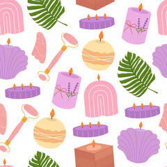 Seamless pattern with modern burning trendy candles. Decorative wax aromatic candles,  home aromatherapy, interior decoration. Vector background.