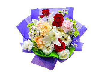 Close up beautiful flowers bouquet isolated on white background. White roses, white lilies, chrysanthemums, green daisies.