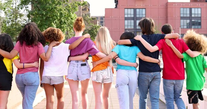 Colorful group of teenagers walking with arms around, rear view