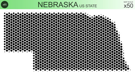 Dotted map of the state of Nebraska in the USA, from circles, on a scale of 50x50 elements. With smooth edges in black on a white background. With a dotted element size of 85 percent.